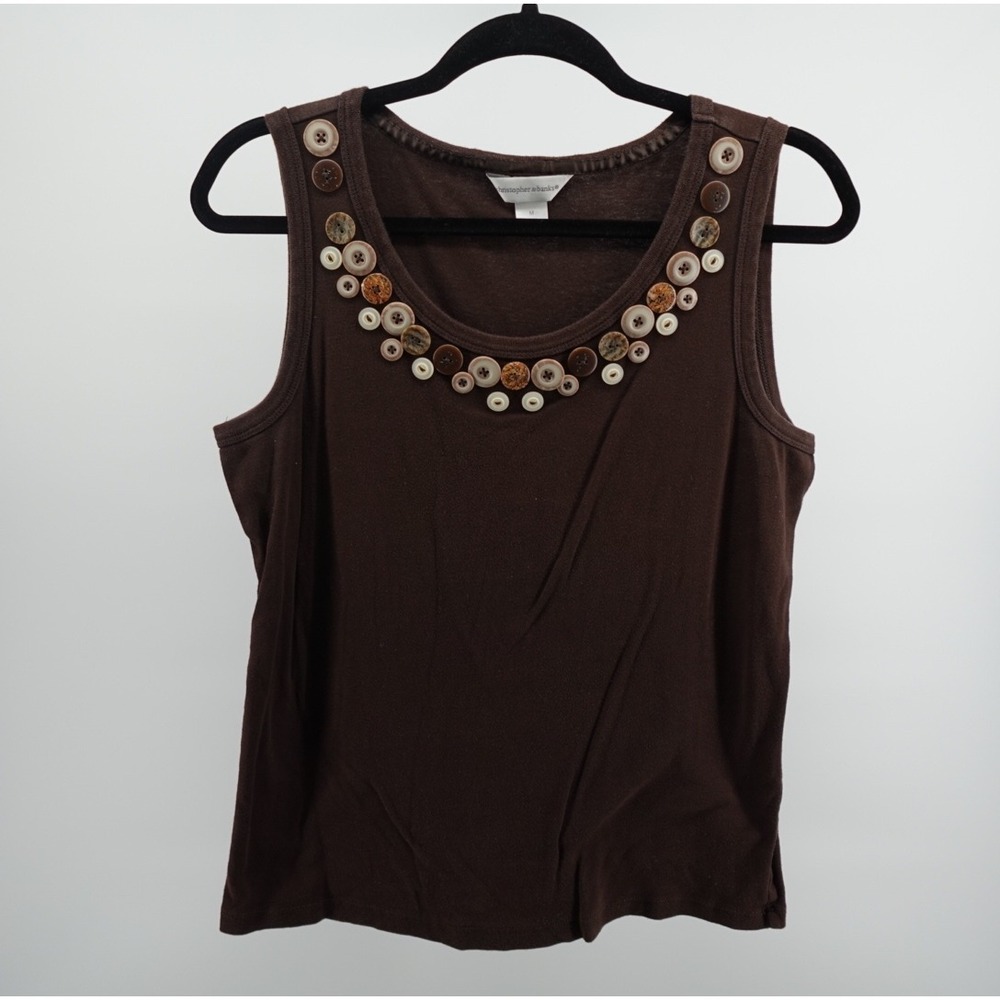 Christopher & Banks Brown Cotton Button Neck Tank Top Womens Medium 03940-9062